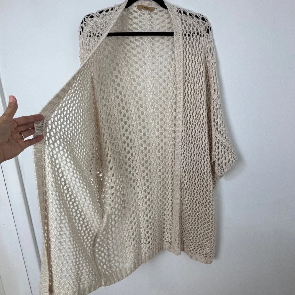 Cream Open Knit Netted Cardigan Beige Oatmeal Crochet Boho Kimono Sweater OS